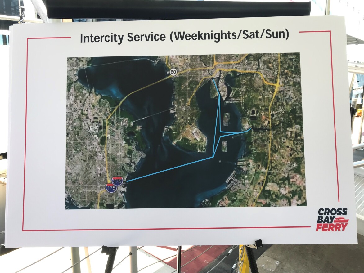 Map of how intercity service will now connect southern Hillsborough County with downtown Tampa and downtown St. Petersburg.
